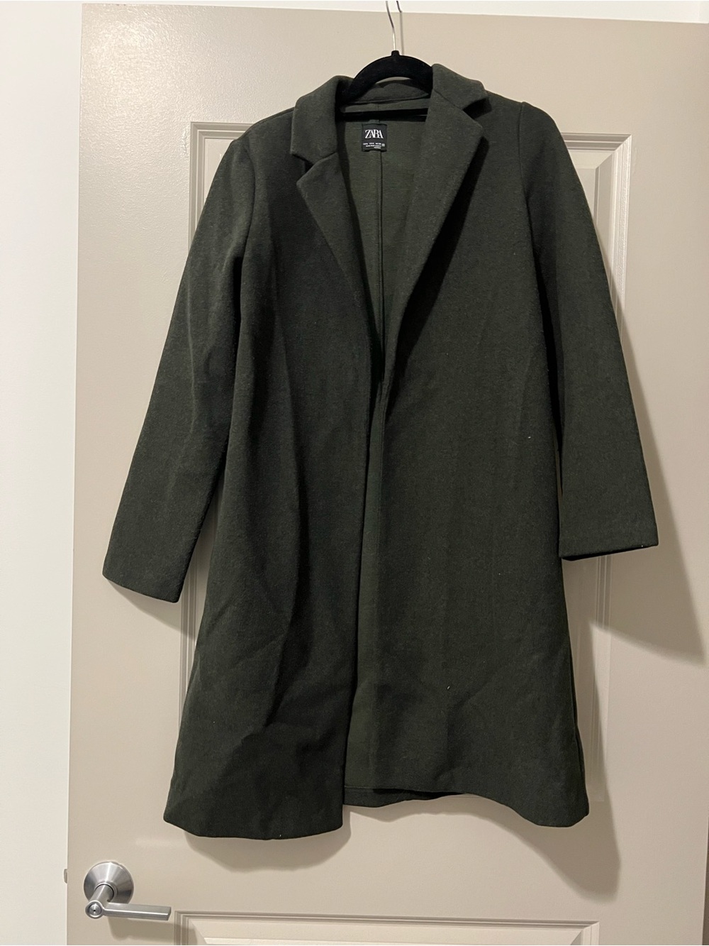 Zara Olive Green Wool-Blend Coat with Label Detail